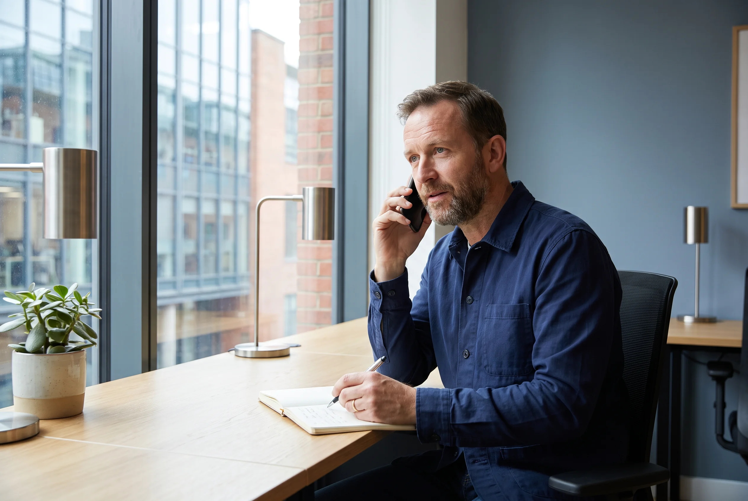 Un professionnel écoute son interlocuteur au téléphone et prend des notes.