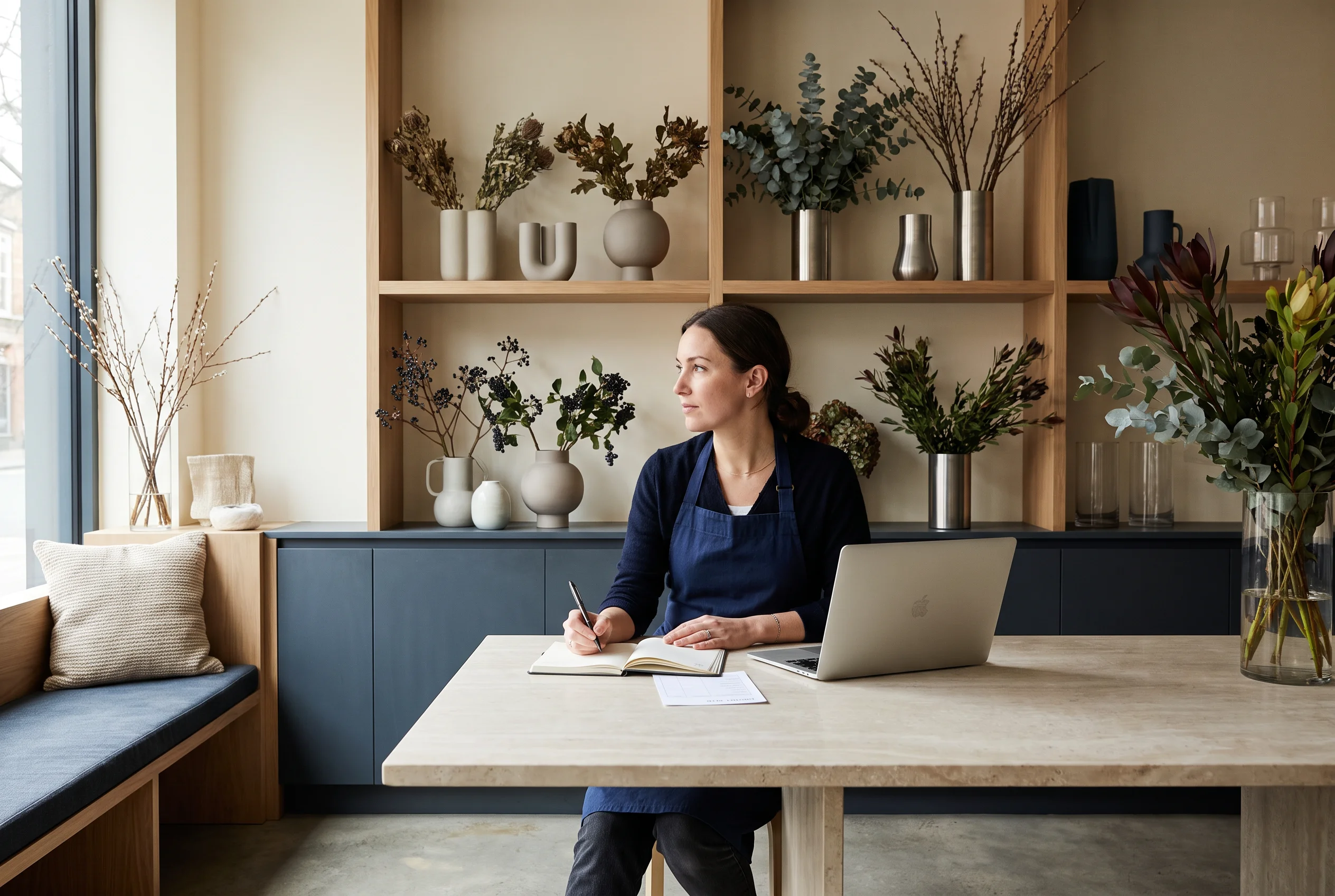 Une fleuriste fait le point sur son activité à l’aide de son ordinateur et de son carnet.