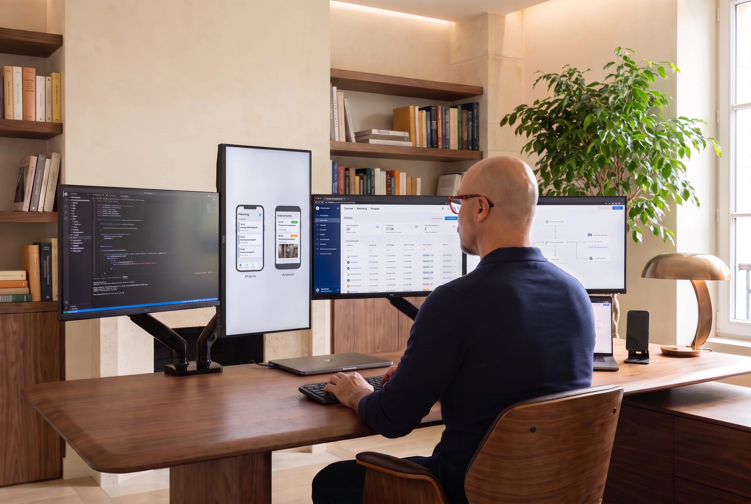 Jean-Christophe Garcia, vu de dos à un grand bureau en noyer, conçoit des applications mobiles et des outils métier dans un studio contemporain élégant.